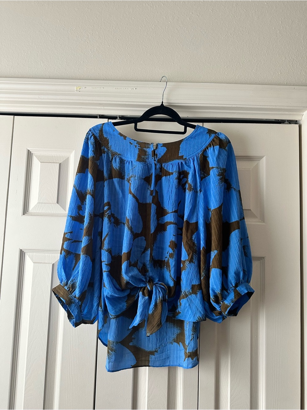 Blue & Brown Floral Tie-Front Blouse